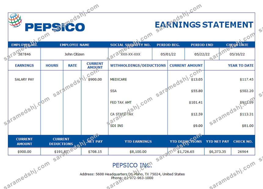 USA Pepsico Inc. drink producing company pay stub